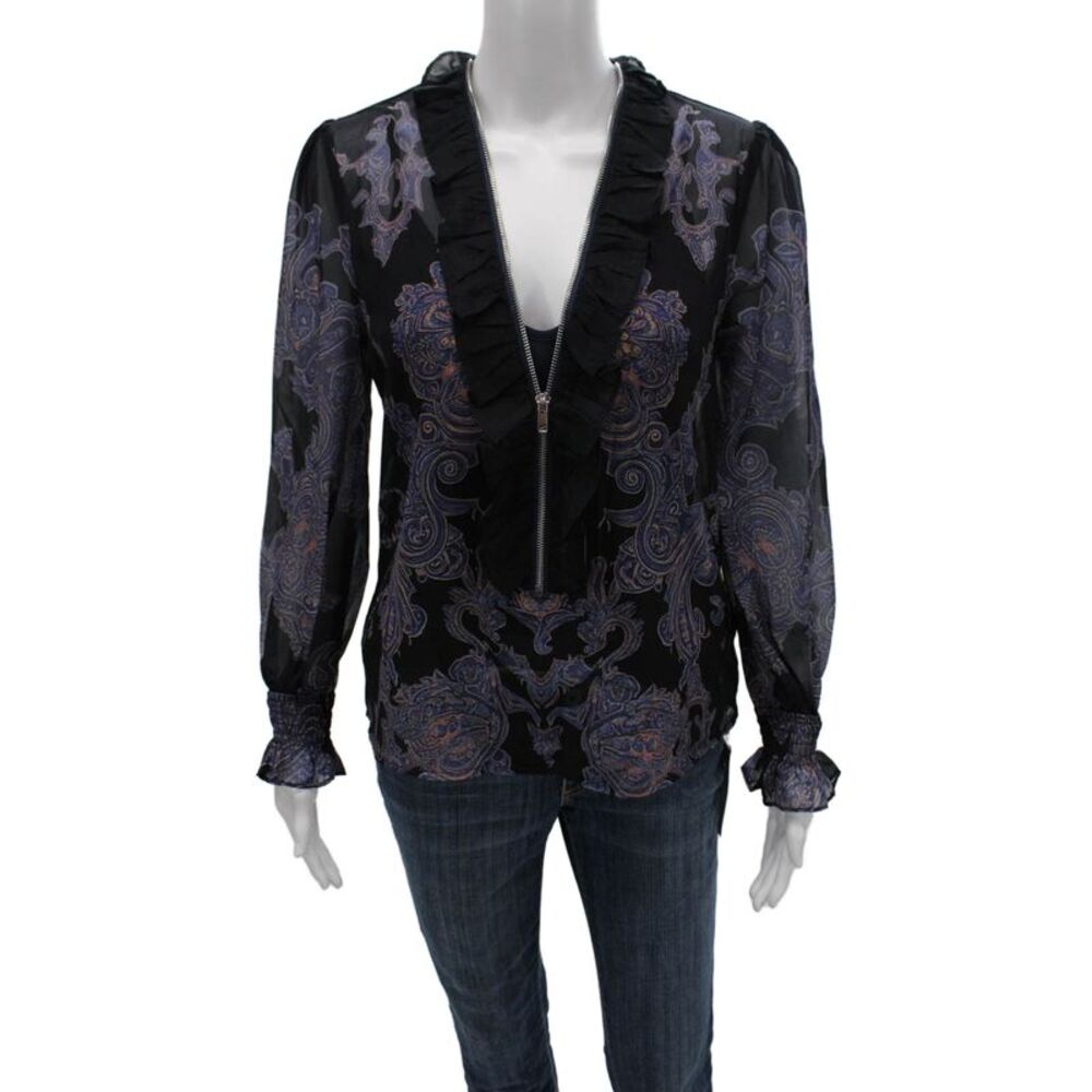 Futario Women Bohemian Silk Blend V-Neck Long Sleeve Zip Blouse Black Size XS